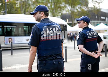 Paris, France. 12th June, 2024. Police officers with uniform ensuring ...