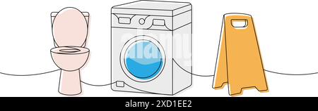 Cleaning service tools one line colored continuous drawing. Toilet bowl, washing machine, accident prevention sign continuous one line illustration. Stock Vector