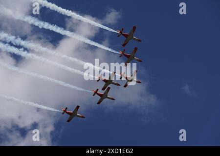 The Spanish Airforce 'Patrulla Aguila' (EaglePatrol) aerobatic team flies over the Royal Palace as King Felipe VI celebrates 10 years as Spain's head Stock Photo