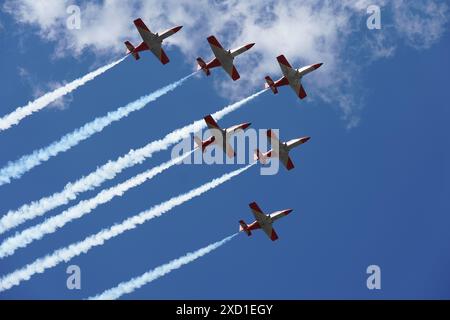 The Spanish Airforce 'Patrulla Aguila' (EaglePatrol) aerobatic team flies over the Royal Palace as King Felipe VI celebrates 10 years as Spain's head Stock Photo