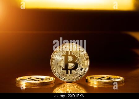 Cryptocurrency bitcoin on dark background. Future coin. Stock Photo