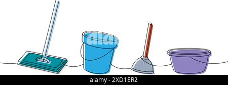 Housekeeping set one line colored continuous drawing. Floor mop, bucket, toilet plunger, plastic basin continuous one line illustration. Stock Vector
