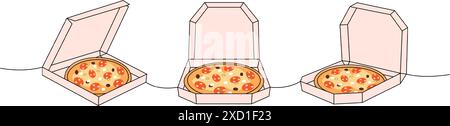 Italian pizza in boxes one line colored continuous drawing. Traditional italian fast food continuous one line illustration. Stock Vector