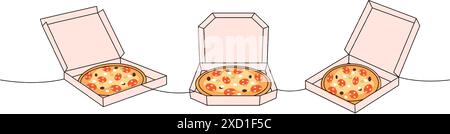 Traditional pizza in boxes one line colored continuous drawing. Traditional italian fast food continuous one line illustration. Stock Vector