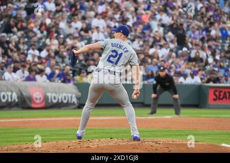 June 18 2024: Dodger pitcher Walker Buehler (21) throws a pitch during the game between the Los Angeles Dodgers and Colorado Rockies game held at Coors Field in Denver Co. David Seelig/Cal Sport Medi Stock Photo