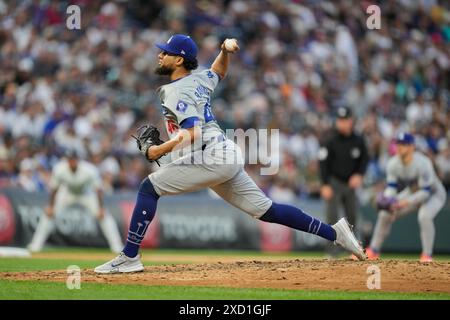 June 18 2024: Dodger pitcher Yohan .Ramirez (46) throws a pitch during the game between the Los Angeles Dodgers and Colorado Rockies game held at Coors Field in Denver Co. David Seelig/Cal Sport Medi Stock Photo