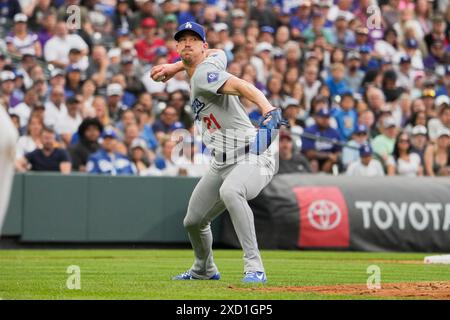 June 18 2024: Dodger pitcher Walker Buehler (21) makes a play during the game between the Los Angeles Dodgers and Colorado Rockies game held at Coors Field in Denver Co. David Seelig/Cal Sport Medi Stock Photo