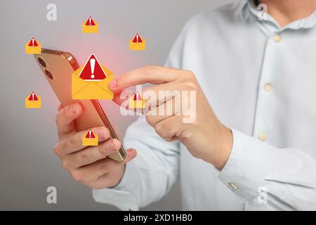 Man using smartphone on grey background, closeup. Spam message notifications near device, illustration Stock Photo