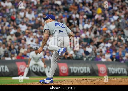 June 18 2024: Dodger pitcher Anthony Banda (43) throws a pitch during the game between the Los Angeles Dodgers and Colorado Rockies game held at Coors Field in Denver Co. David Seelig/Cal Sport Medi Stock Photo