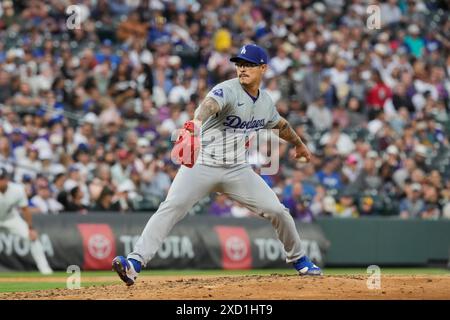 June 18 2024: Dodger pitcher Anthony Banda (43) throws a pitch during the game between the Los Angeles Dodgers and Colorado Rockies game held at Coors Field in Denver Co. David Seelig/Cal Sport Medi Stock Photo