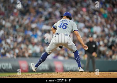 June 18 2024: Dodger pitcher Yohan .Ramirez (46) throws a pitch during the game between the Los Angeles Dodgers and Colorado Rockies game held at Coors Field in Denver Co. David Seelig/Cal Sport Medi Stock Photo