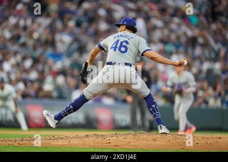 June 18 2024: Dodger pitcher Yohan .Ramirez (46) throws a pitch during the game between the Los Angeles Dodgers and Colorado Rockies game held at Coors Field in Denver Co. David Seelig/Cal Sport Medi Stock Photo