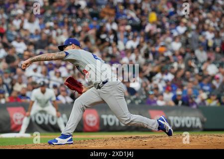 June 18 2024: Dodger pitcher Anthony Banda (43) throws a pitch during the game between the Los Angeles Dodgers and Colorado Rockies game held at Coors Field in Denver Co. David Seelig/Cal Sport Medi Stock Photo