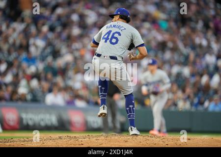 June 18 2024: Dodger pitcher Yohan .Ramirez (46) throws a pitch during the game between the Los Angeles Dodgers and Colorado Rockies game held at Coors Field in Denver Co. David Seelig/Cal Sport Medi Stock Photo