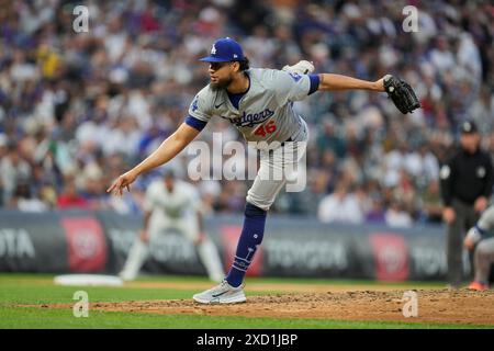 June 18 2024: Dodger pitcher Yohan .Ramirez (46) throws a pitch during the game between the Los Angeles Dodgers and Colorado Rockies game held at Coors Field in Denver Co. David Seelig/Cal Sport Medi Stock Photo