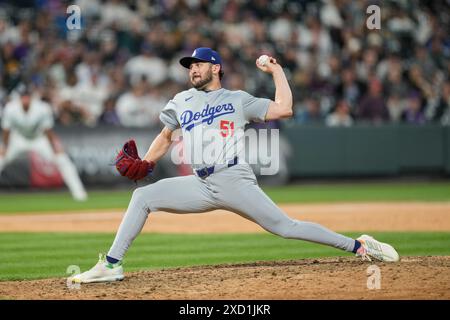 June 18 2024: Dodger pitcher Alex Vesa (51) throws a pitch during the game between the Los Angeles Dodgers and Colorado Rockies game held at Coors Field in Denver Co. David Seelig/Cal Sport Medi Stock Photo