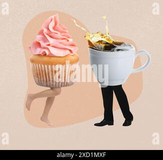 Sweet cupcake girl meeting strong coffee man on beige background. Creative art collage Stock Photo