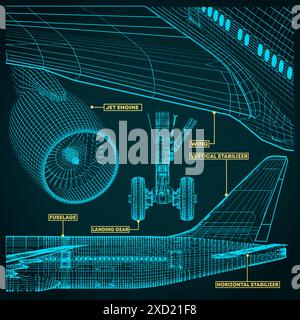 Vector illustration of a fragments of blueprints of a civilian aircraft Stock Vector