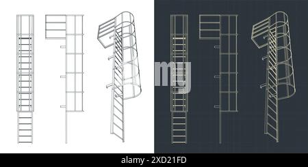 Stylized vector illustrations of blueprints of fire escape Stock Vector