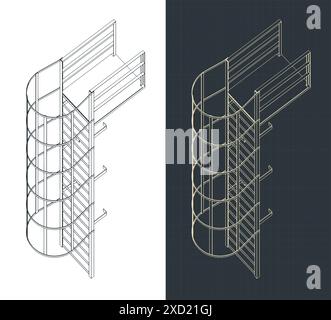 Stylized vector illustrations of isometric blueprints of fire escape Stock Vector