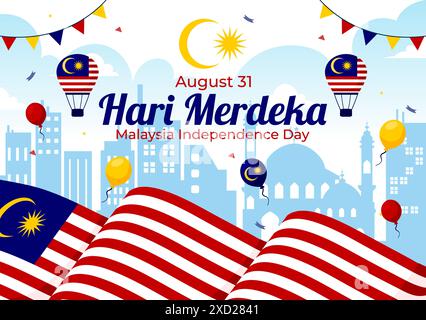 Happy Malaysia Independence Day Vector Illustration on 31 August with Waving Flag and Ribbon in a National Holiday Flat Cartoon Background Stock Vector