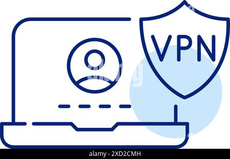 Laptop and VPN shield. Secure user profile, protected identity verification. Safe internet usage. Pixel perfect icon Stock Vector