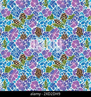 Bright, multicolored flowery seamless pattern. The flowers are painted in vibrant green, purple, and blue tones. Stock Vector