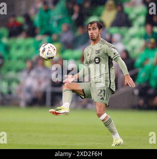 Austin, Texas, USA. 19th June, 2024. Los Angeles FC forward TomÃ¡s Ãngel (21) passes the ball during a Major League Soccer match on June 19, 2024 in Austin. The match ended a 1-1 draw after LAFC scored an equalizer in the 90th minute. (Credit Image: © Scott Coleman/ZUMA Press Wire) EDITORIAL USAGE ONLY! Not for Commercial USAGE! Credit: ZUMA Press, Inc./Alamy Live News Stock Photo