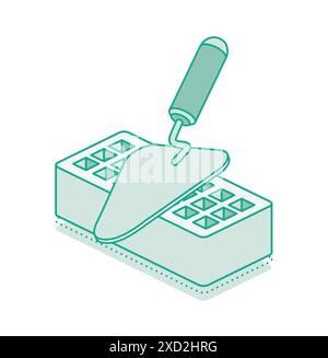 Isometric trowel and brick with holes. Vector illustration. Outline 3D object isolated on white background. Infographics element. Stock Vector