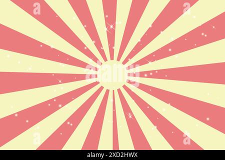 Candy sunburst pink background. Abstract cream sunbeams. Circus background and spiral retro rays with stars. Retro psychedelic style, groovy hippie Stock Vector