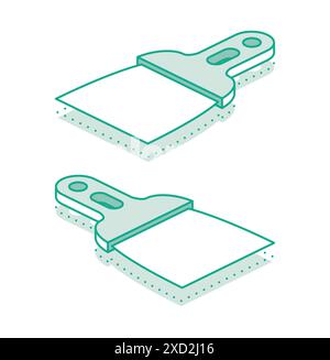 Isometric scraper putty knife. Vector illustration. Outline object isolated on white background. Set of putty knifes. Spatula work tool. Stock Vector