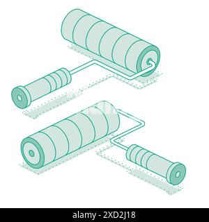 Isometric paint roller. Vector illustration. Outline object on white background. Stock Vector