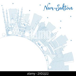 Outline Nur-Sultan Kazakhstan City Skyline with Blue Buildings and Copy Space. Vector Illustration. Nur-Sultan Cityscape with Landmarks. Stock Vector