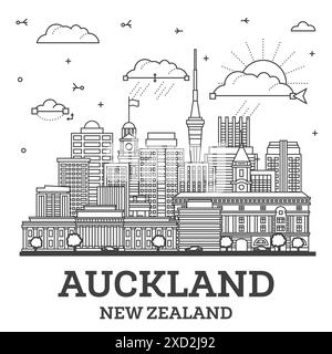 Outline Auckland New Zealand city skyline with modern and historic buildings isolated on white. Vector illustration. Auckland cityscape with landmarks Stock Vector