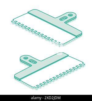 Isometric tiles putty knife. Vector illustration. Outline object isolated on white background. Spatula work tool. Notched trowels. Stock Vector