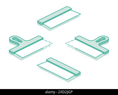 Isometric scraper putty knife. Vector illustration. Outline object isolated on white background. Set of putty knifes. Spatula work tool. Stock Vector