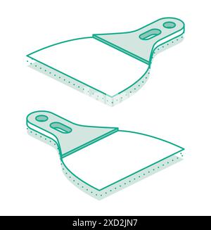 Isometric scraper putty knife. Vector illustration. Outline object isolated on white background. Set of putty knifes. Spatula work tool. Stock Vector