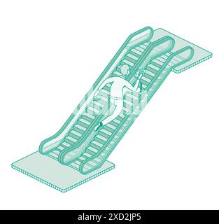 Man runs up an modern escalator. Vector illustration. Isometric outline object isolated on white background. Stock Vector