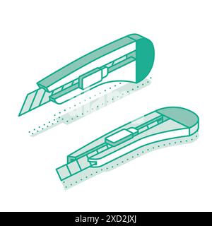 Isometric stationery utility knife with sharp blade. Vector illustration. Outline icon isolated on white. Stock Vector