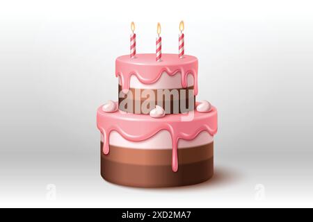Birthday two tier cake with chocolate biscuit layers, pink icing, cream decoration and three candles on top. Realistic 3d vector of b-day and anniversary party and congratulation sweet dessert. Stock Vector