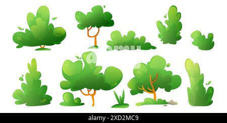 Green plants set isolated on white background. Vector cartoon illustration of tree, bush, shrub, grass for spring or summer park, wood, forest or garden design, foliage on branches, game ui elements Stock Vector