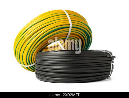 Yellow And Black Electrical Wire Spools Isolated On White Background Stock Photo