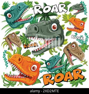Various dinosaur heads with 'roar' text Stock Vector