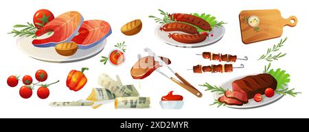 Bbq meat and fish collection. Cartoon vector illustration set of food for outdoor grill cooking - steak and sausage, vegetables and sauces, food on skewer and firewood. Barbeque picnic meal. Stock Vector