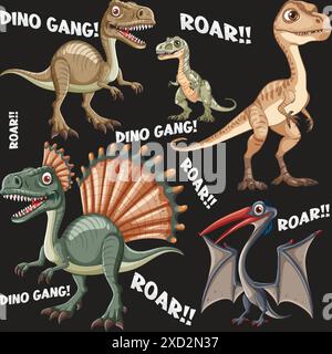 Various dinosaurs roaring with text elements Stock Vector