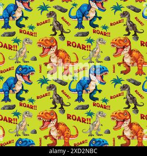 Vibrant dinosaurs with 'Roar' text on green background Stock Vector