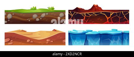 Cut ground layer for game ui platform design. Cartoon vector set of seamless underground texture of soil with green grass, sand in desert, rock with lava and magma, frozen ice and snow Stock Vector