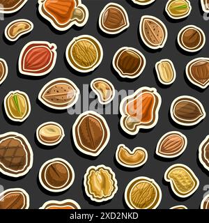 Vector Nut Seamless Pattern, decorative background with many flying organic nuts for wrapping paper or bed linen, square placard with flat lay assorte Stock Vector