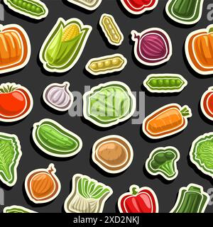 Vector Vegetable Seamless Pattern, decorative background with many flying ripe vegetables for wrapping paper or bed linen, square placard with differe Stock Vector