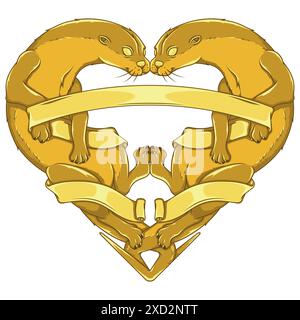 Vector design of Couple of otters in heart shape, Valentine's Day symbol with animals and ribbon, love of nature with marine mammal Stock Vector